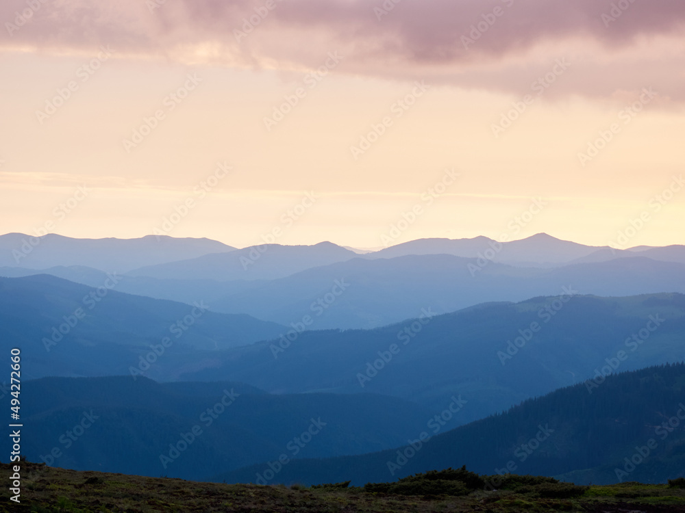 Panoramic view of mountains. Scenic mountain landscape.  Carpathian, Ukraine.