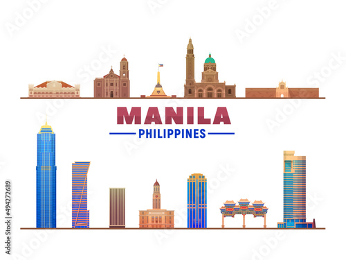 Manila Philippines skyline with panorama in white background. Vector Illustration. Business travel and tourism concept with modern buildings. Image for banner or web site.