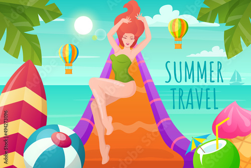 Beautiful woman rides on an inflatable slide on the beach. Young woman relaxing on summer vacation. Vector illustration