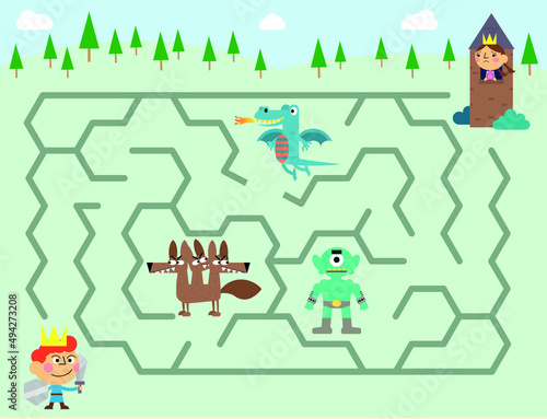 Cute prince maze, vector, illustration, labyrinth, puzzle, arrow, game, puzzle page for kids with theme