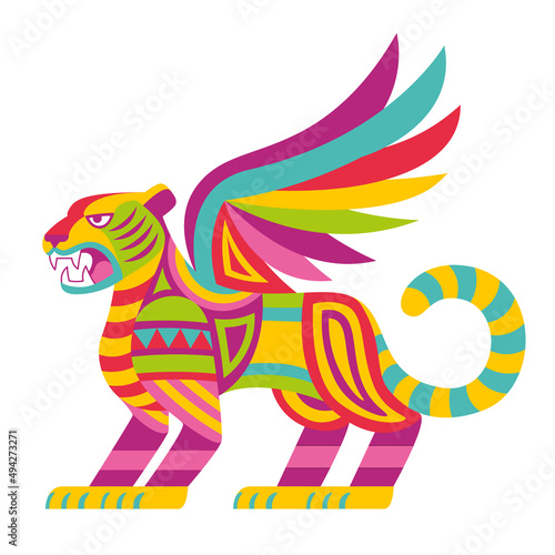 Isolated colored tiger with wings alebrije mexican traditional cartoon Vector illustration