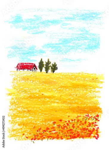 Colorful oil pastels illustration of a yellow wheat field with poppies and a small house with trees in a distance