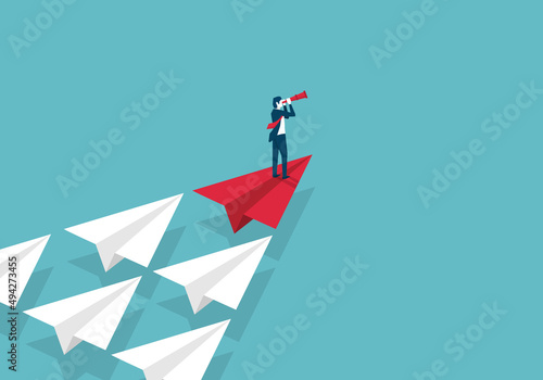 Businessman standing on red paper plane. Business leadership vision to success. opportunity or strategy concept. look to the future. achievements and goals for work. vector illustration isometric.
