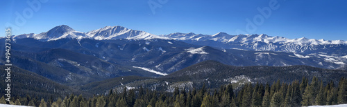 Beautiful panoramic photo of winter landscape. Mountains covered with snow over clean blue sky on a sunny day. photo
