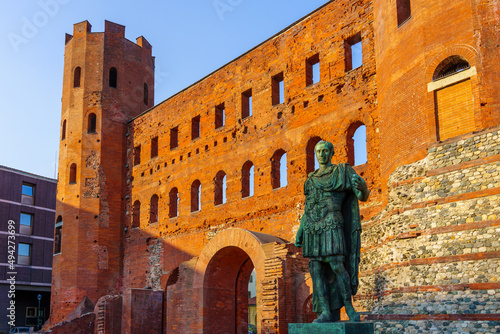 Palatine Gate with a statue (Roman Era), in Turin photo
