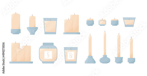 Modern candles in glass jars and candleholders isolated on white. Different wax candles for cozy home interior decoration, spa and relax. Elegant scented candles and small tea light candles icon set.