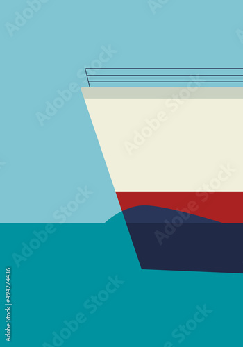 modern poster illustration in flat style. A large ship sails on the calm water of the ocean, sea