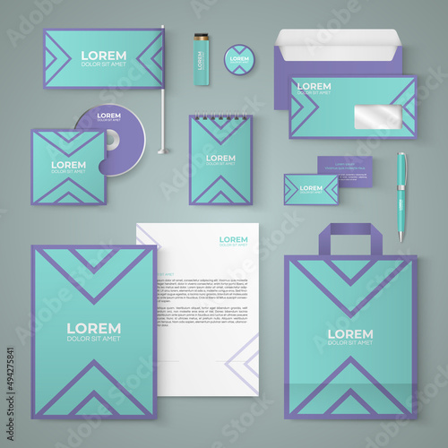 Blue stationery template design with lilac lines. Set of business corporate identity mock up. Documentation for business.