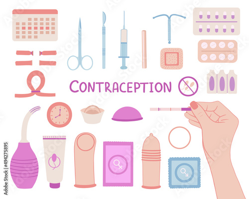 Contraceptives set cartoon vector. Birth control. Natural vaginal ring, condom, iud, implant, injection, diaphragm,patch, vaginal douche, pregnancy test, calendar, sterilization, pills, suppositories.