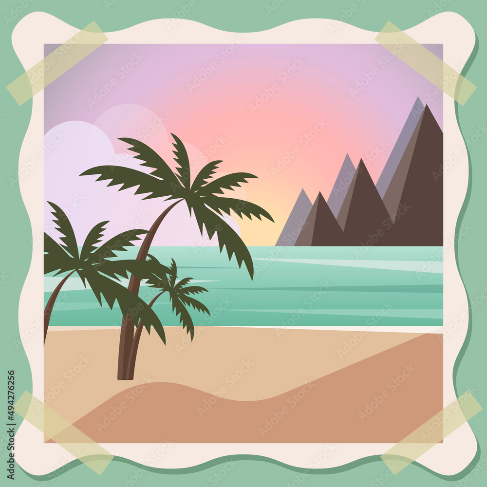 Vintage Travel Card With Beach. Trendy colors. Summer time beach holiday elements. 