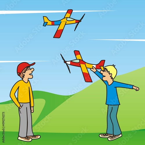 Two boys and planes, vector illustration. Men fly with model airplanes.