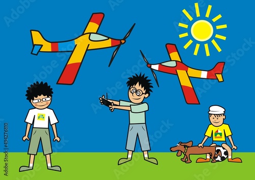 boys and aircraft models, funny vector illustration