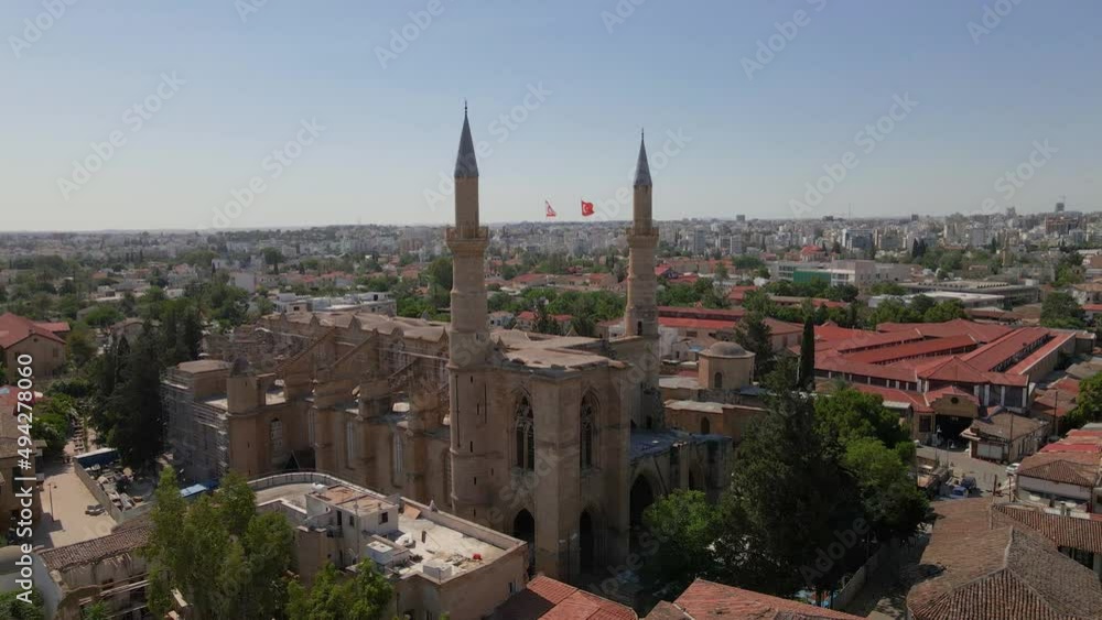 Aerial 4k Nicosia Old Town with Selimiye Camii(Ayia Sophia Cathedral) which is build as cathedral and then converted to mosque in North Cyprus