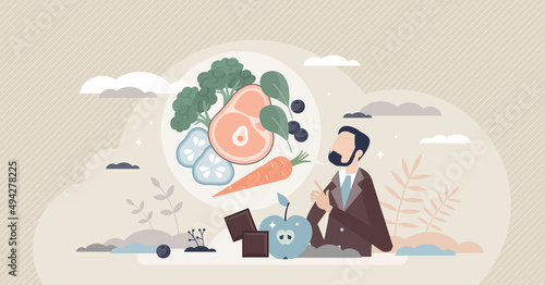 Low carb diet as carbohydrates exclusion from menu tiny person concept. Reduced sugar intake as healthy meal option with vegetables, greens or meat vector illustration. Fasting plan for ketosis state.