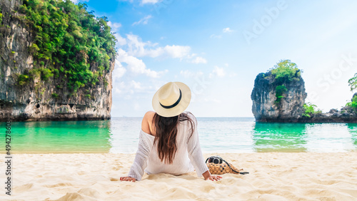 Happy traveler woman relaxing on vacation beach joy nature view scenic landscape Hong island Krabi, Attraction famous place tourist travel Phuket Thailand summer holiday, Beautiful destination Asia