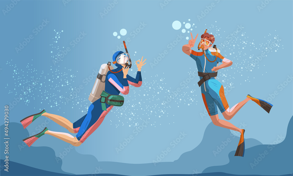 People dressed wetsuit scuba diving and snorkeling. Man and woman in swimsuits performing water activities vector illustration