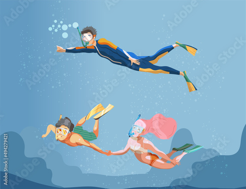 Scuba diver exploring sea depth. People scuba diving and snorkeling vector illustration © Happypictures