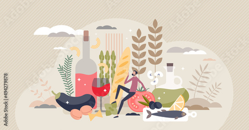 Mediterranean diet products and eating healthy food tiny person concept. Dieting plan with vegetables  fruits  legumes  nuts  beans  cereals  grains  fish  and unsaturated fats vector illustration.