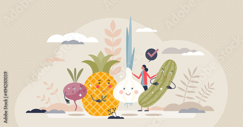 Healthy food products as happy vegetables with cute faces tiny person concept. Bio and ecological ingredients as good choice for daily meal vector illustration. Funny dieting scene with various fruits