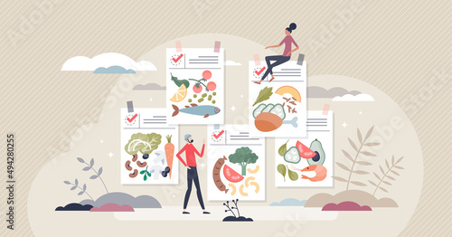 Diet plans and eating control with ingredients program tiny person concept. Dieting planning with nutrition schedule and preplanned regime list vector illustration. Healthy food and weight loss advice