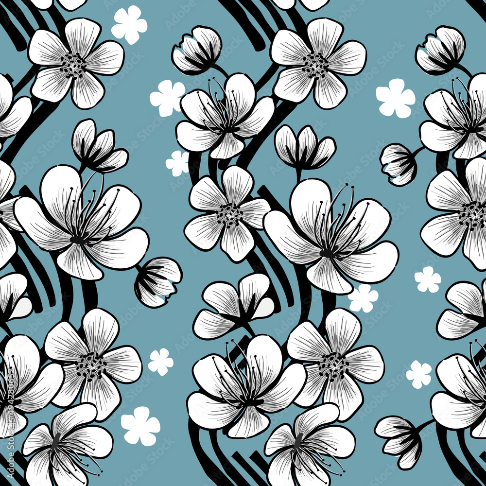 Floral seamless pattern with cherry or sakura blossoms white and black colors on wavy rough stripes background.Hand drawn vector illustration for printing on fabrics and paper,design cards,wallpaper. Floral seamless pattern with cherry or sakura blossoms white and black colors on wavy rough stripes background.Hand drawn vector illustration for printing on fabrics and paper,design cards,wallpaper.