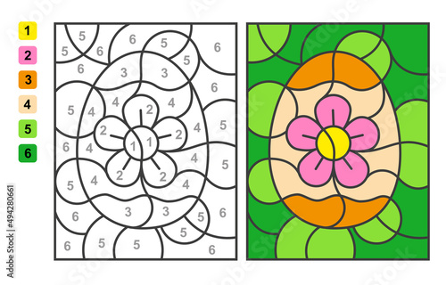 Vector coloring page Color by numbers Easter egg hunt. Puzzle game for children education and activities