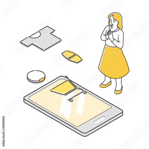 ネットショッピングする女性のアイソメトリックイラスト