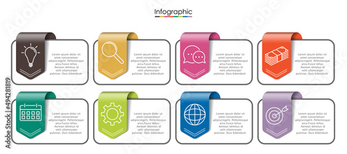 Vector infographic template with eight steps or options. Illustration presentation with line elements icons.  Business concept design can be used for web, brochure, diagram, chart or banner layout.