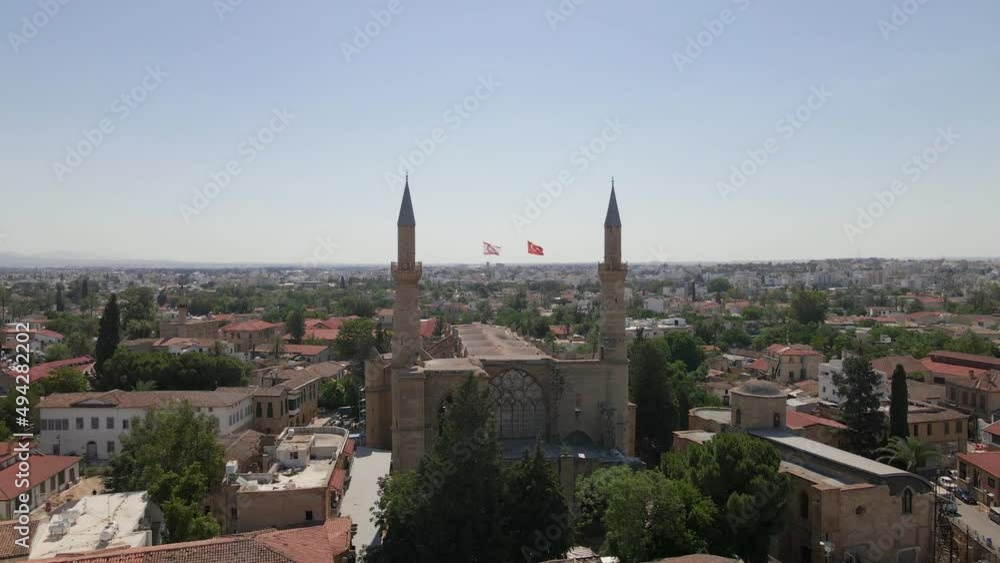 Aerial 4k Nicosia Old Town with Selimiye Camii(Ayia Sophia Cathedral) which is build as cathedral and then converted to mosque in North Cyprus Aerial 4k Nicosia Old Town with Selimiye Camii(Ayia Sophia Cathedral) which is build as cathedral and then converted to mosque in North Cyprus