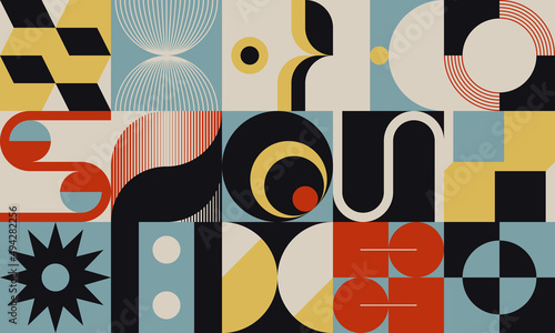 Fotografering Bauhaus Inspired Graphic Pattern Artwork Made With Abstract Vector Geometric Sha