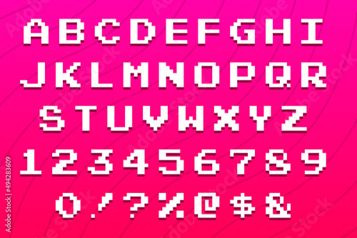 Set of vector letters in retro style. Game design. Font of old games. 8-bit letters and numbers vector alphabet. Pixel video game font. 8-bit symbols. letters and numbers. Old-school retro typeface.