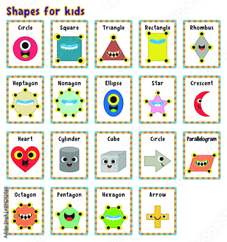 Creatures flash cards on the theme of shapes for children photo