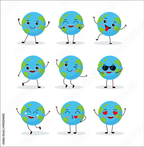 Cute planet earth character. Cartoon planet emoji collection. Earth Day card vector illustration