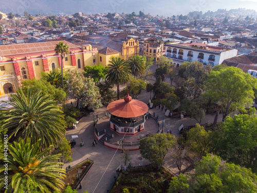 Aerial Drone shot of Central Square in San Cristobal de Las Casas in the sunny morning day