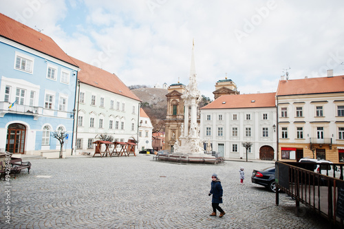 Children walking at historical Mikulov, Moravia, Czech Republic. Old European town.