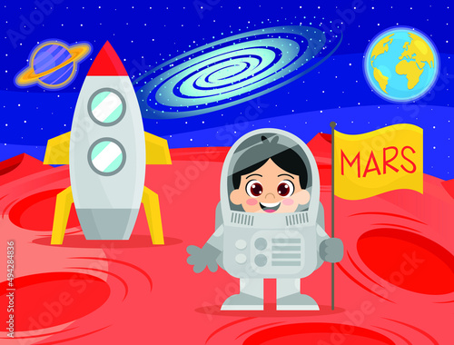 Cute astronaut boy and spaceship