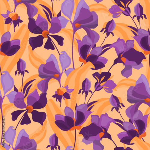 Vector floral seamless pattern. Violet and lilac flowers isolated on an orange background.