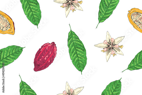 Tropical seamless pattern backgrounds from cocoa beans, cacao leaves and flowers. Wallpaper template design. Hand drawn vector illustration.