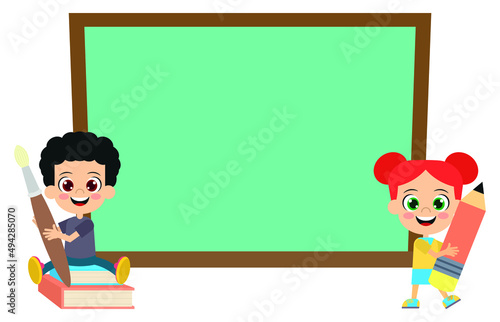 Cute kids in front of the school blackboard