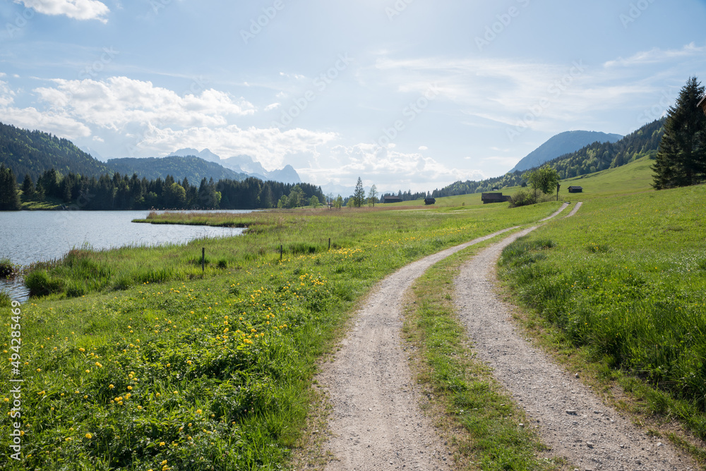 hiking route along lake Gerold, upper bavaria in spring