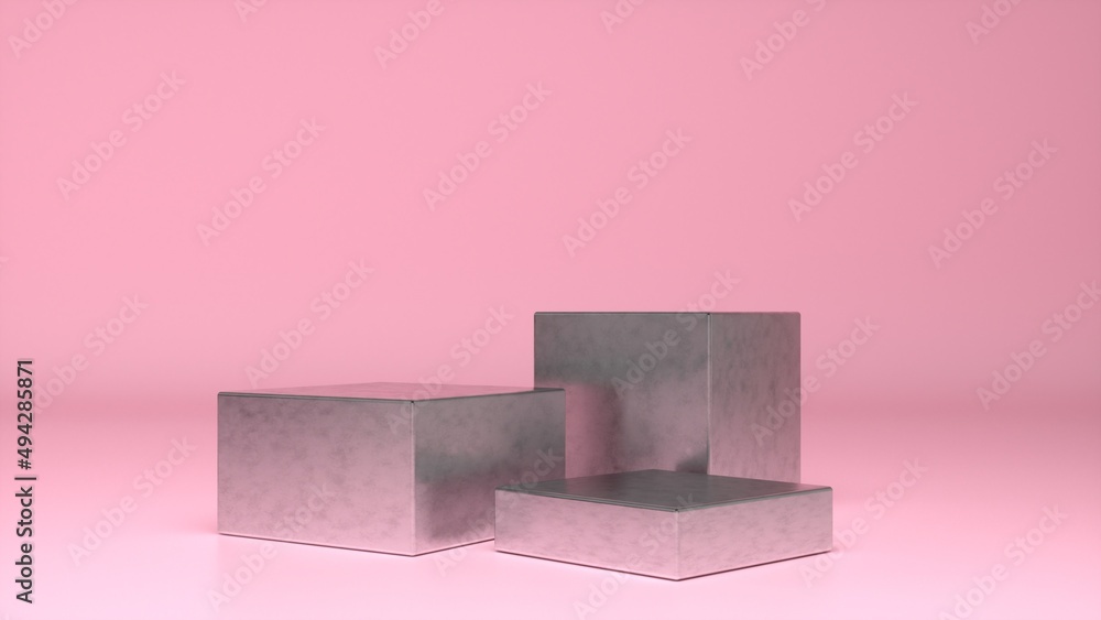 Three empty Chrome glossy stands and abstract Pink geometry background. Podium, pedestal, platform for cosmetic product presentation, showcase. Minimalist mock up scene, concept template. 3d render Three empty Chrome glossy stands and abstract Pink geometry background. Podium, pedestal, platform for cosmetic product presentation, showcase. Minimalist mock up scene, concept template. 3d render