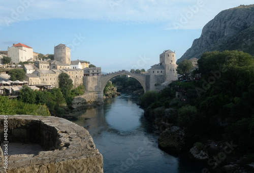 Historical Stari Most Bridge area over the city of Mostar in Bosnia Herzegovina