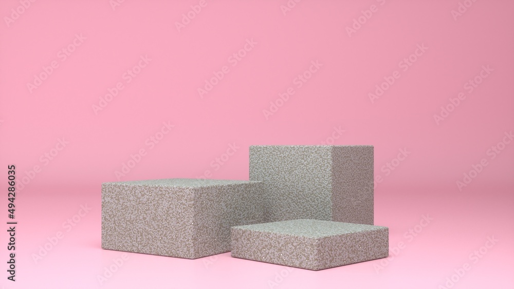 Three empty Stone glossy stands and abstract Pink geometry background. Podium, pedestal, platform for cosmetic product presentation, showcase. Minimalist mock up scene, concept template. 3d render Three empty Stone glossy stands and abstract Pink geometry background. Podium, pedestal, platform for cosmetic product presentation, showcase. Minimalist mock up scene, concept template. 3d render