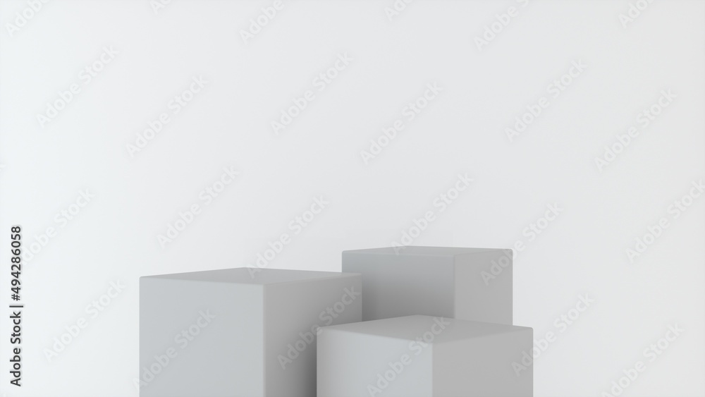 Three empty grey stands and abstract white geometry background. Podium, pedestal, platform for cosmetic product presentation, showcase. Minimalist mock up scene, concept template. 3d render Three empty grey stands and abstract white geometry background. Podium, pedestal, platform for cosmetic product presentation, showcase. Minimalist mock up scene, concept template. 3d render