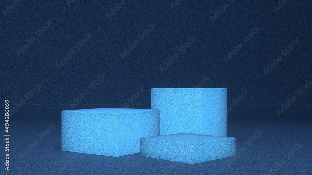 Three empty Glow blue stands and abstract geometry background. Podium, pedestal, platform for cosmetic product presentation, showcase. Minimalist mock up scene, concept template. 3d render Three empty Glow blue stands and abstract geometry background. Podium, pedestal, platform for cosmetic product presentation, showcase. Minimalist mock up scene, concept template. 3d render