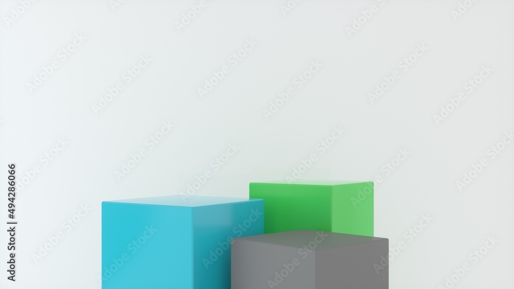 Three empty Colorful stands and abstract white geometry background. Podium, pedestal, platform for cosmetic product presentation, showcase. Minimalist mock up scene, concept template. 3d render Three empty Colorful stands and abstract white geometry background. Podium, pedestal, platform for cosmetic product presentation, showcase. Minimalist mock up scene, concept template. 3d render