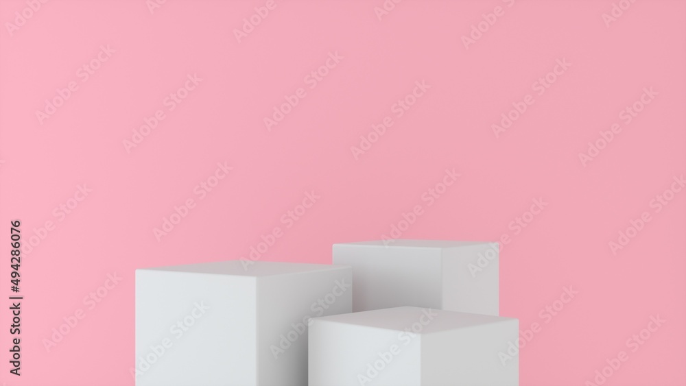 Three empty White stands and abstract Pink geometry background. Podium, pedestal, platform for cosmetic product presentation, showcase. Minimalist mock up scene, concept template. 3d render Three empty White stands and abstract Pink geometry background. Podium, pedestal, platform for cosmetic product presentation, showcase. Minimalist mock up scene, concept template. 3d render