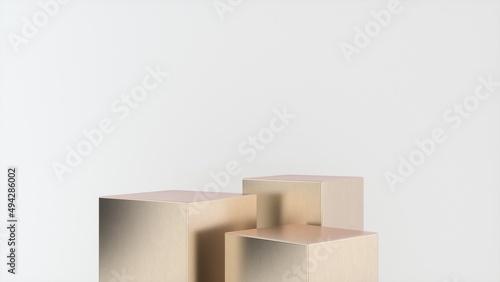 Three empty Golden glossy stands and abstract white geometry background. Podium, pedestal, platform for cosmetic product presentation, showcase. Minimalist mock up scene, concept template. 3d render © MIKHAIL