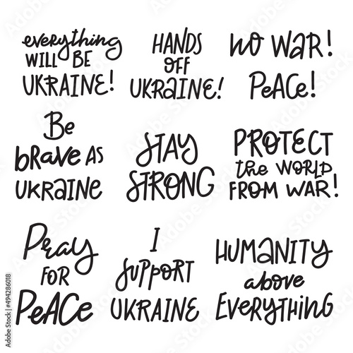 Set of lettering about the war in Ukraine. Pray for peace in Ukraine and world. Stop the aggression. Be as brave as Ukrainian people who fight for their country. 