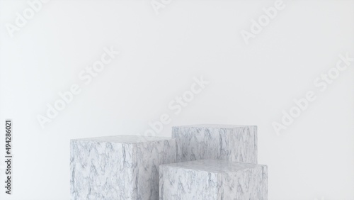 Three empty Marble stands and abstract white geometry background. Podium, pedestal, platform for cosmetic product presentation, showcase. Minimalist mock up scene, concept template. 3d render